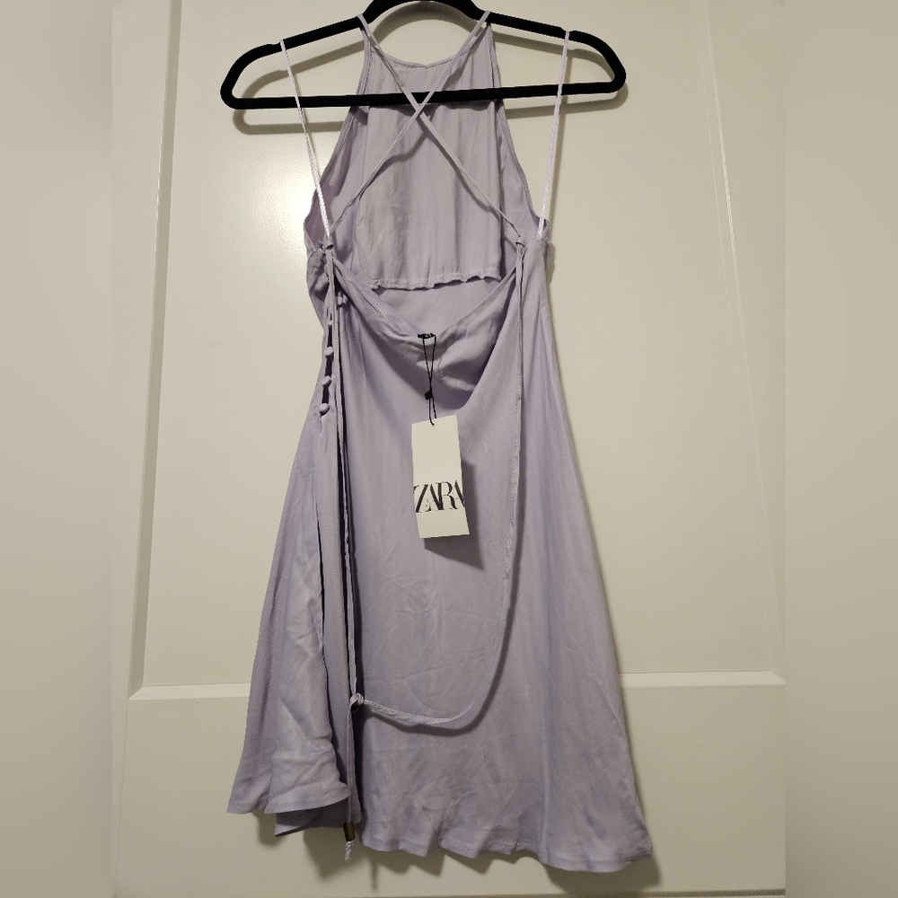 New Zara pastel lilac satin effect mini slip dress with a cross-back design